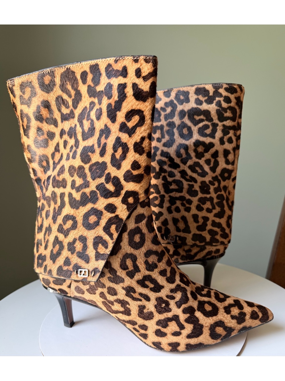 Franco Sarto Alberta Mid Shaft Kitten Heel Boots Dyed Calf Hair Animal Print EUC